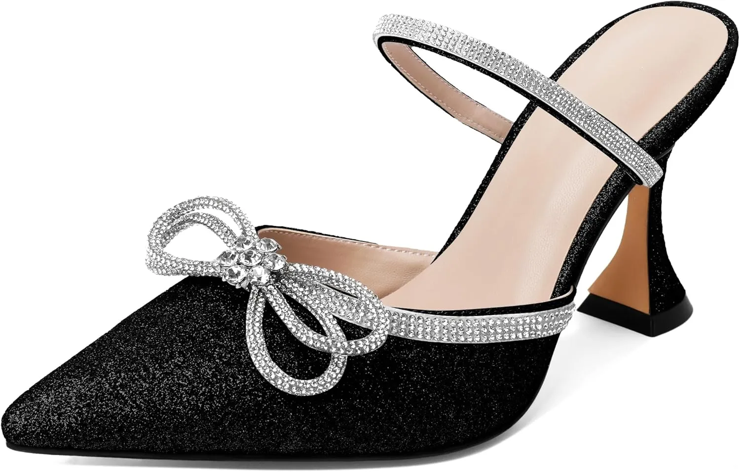 Joseywade Rhinstone Bow Mule Heels High Heels Closed Pointed Toe Spool Heel Slip-on Sandals 3.5" Wedding Crystal Ankle Strap Backless Shoes For Bridal Bridesmaid Engagement