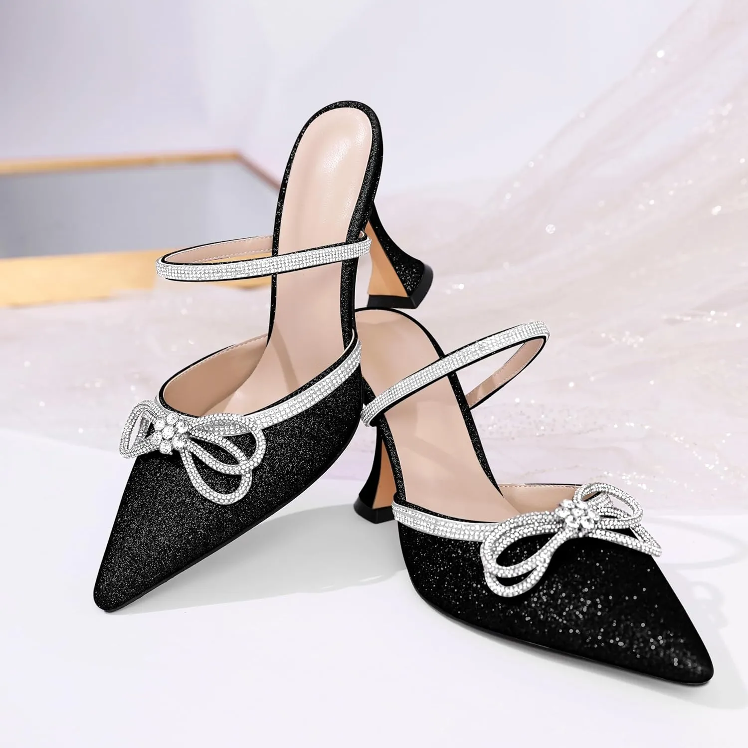 Joseywade Rhinstone Bow Mule Heels High Heels Closed Pointed Toe Spool Heel Slip-on Sandals 3.5" Wedding Crystal Ankle Strap Backless Shoes For Bridal Bridesmaid Engagement