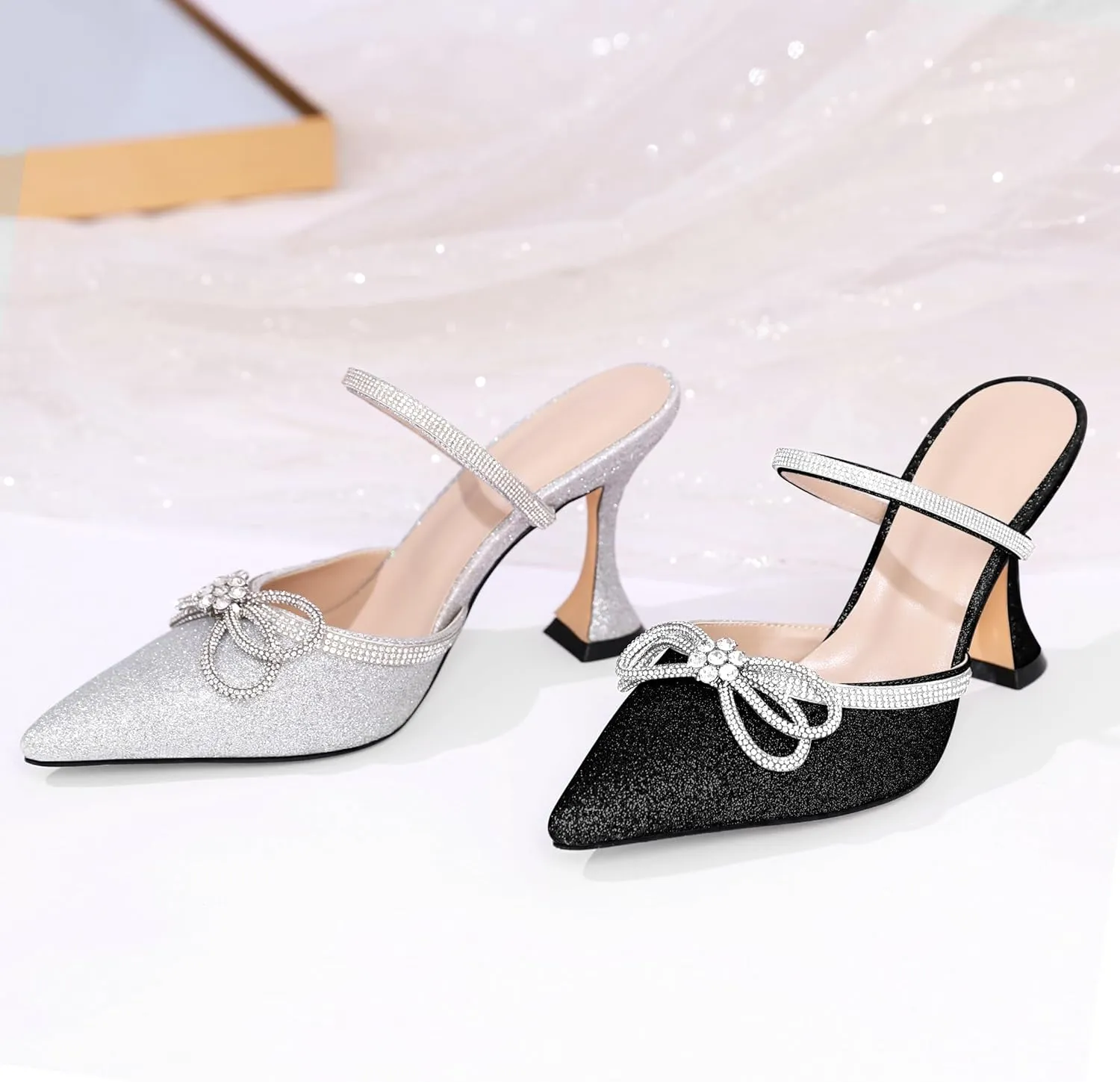 Joseywade Rhinstone Bow Mule Heels High Heels Closed Pointed Toe Spool Heel Slip-on Sandals 3.5" Wedding Crystal Ankle Strap Backless Shoes For Bridal Bridesmaid Engagement