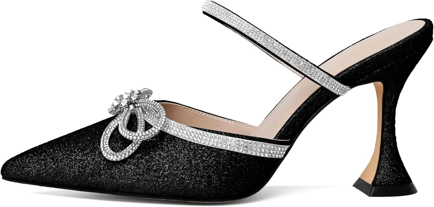 Joseywade Rhinstone Bow Mule Heels High Heels Closed Pointed Toe Spool Heel Slip-on Sandals 3.5" Wedding Crystal Ankle Strap Backless Shoes For Bridal Bridesmaid Engagement