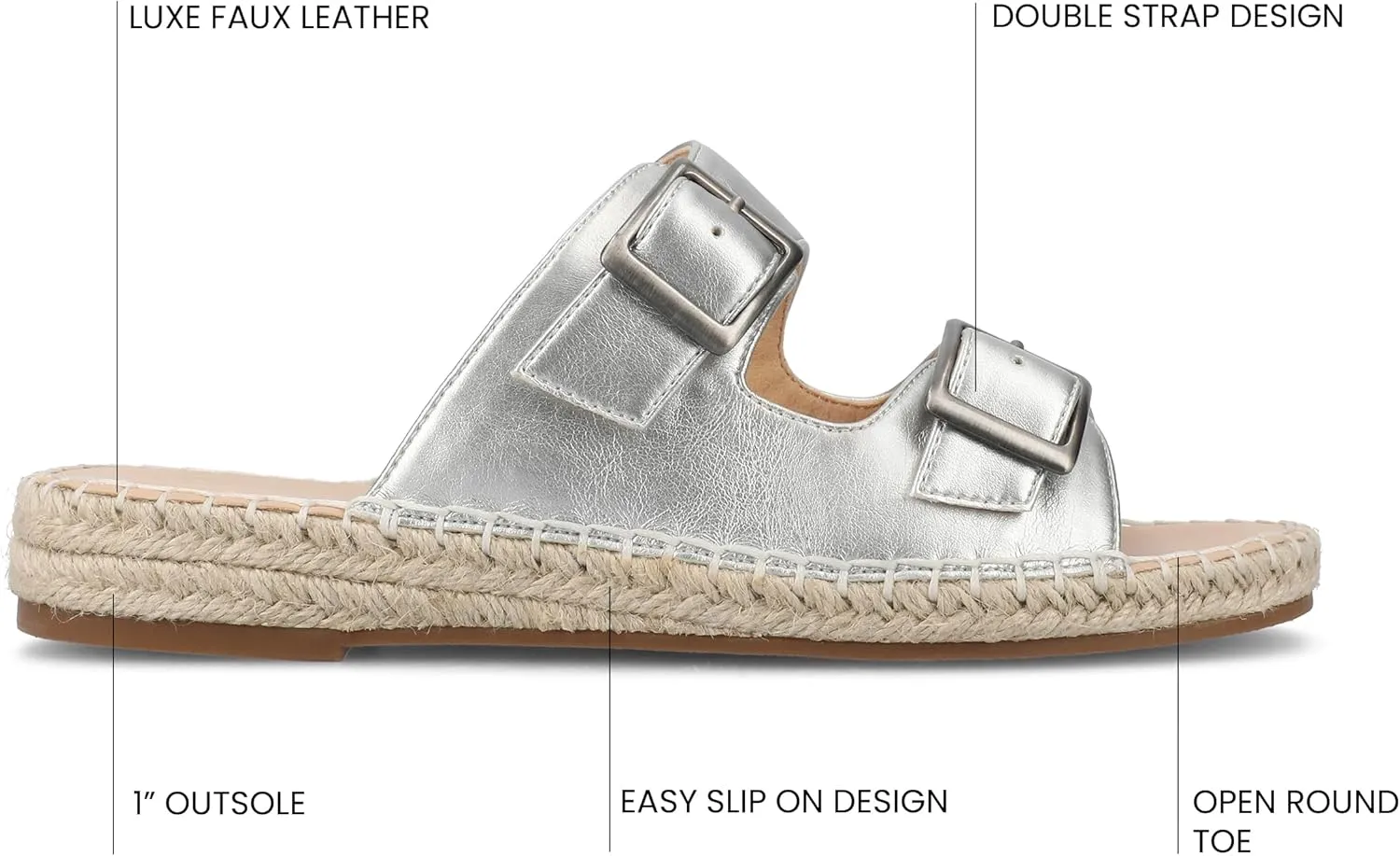 Journee Womens Slide On Sandal Cushioned Footbed Tresah Espadrille Open Toe Faux Leather Double Buckle