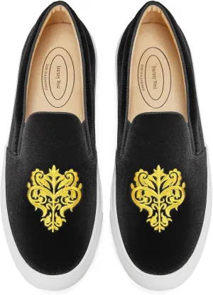Journey West Women's Fashion Velvet Sneakers with Embroidery Comfortable Slip-On Work Shoes for Women