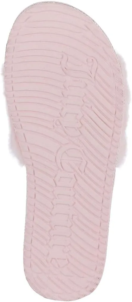 Juicy Couture Women's Faux Fur Slide Sandal Slippers, Open Toe, Comfortable Indoor Outdoor House Shoes