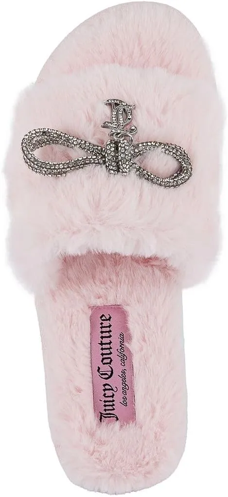 Juicy Couture Women's Faux Fur Slide Sandal Slippers, Open Toe, Comfortable Indoor Outdoor House Shoes