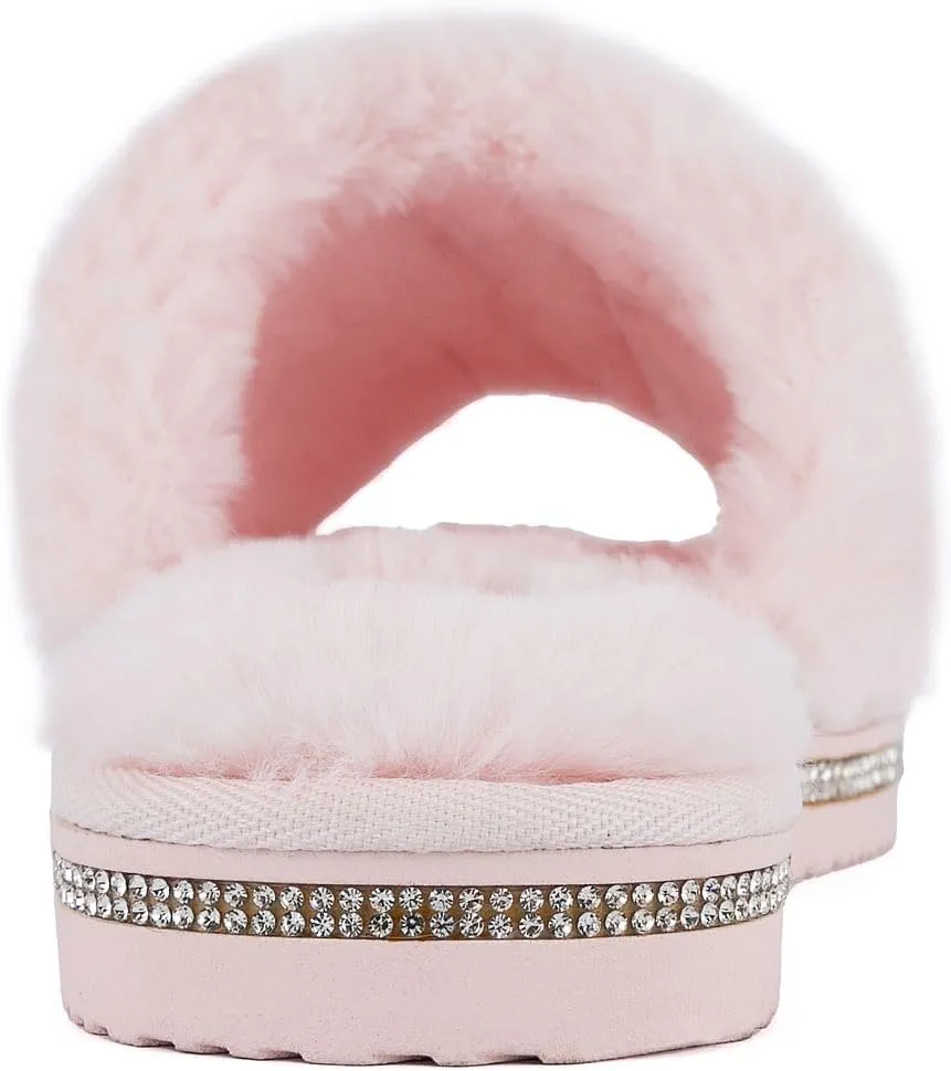 Juicy Couture Women's Faux Fur Slide Sandal Slippers, Open Toe, Comfortable Indoor Outdoor House Shoes