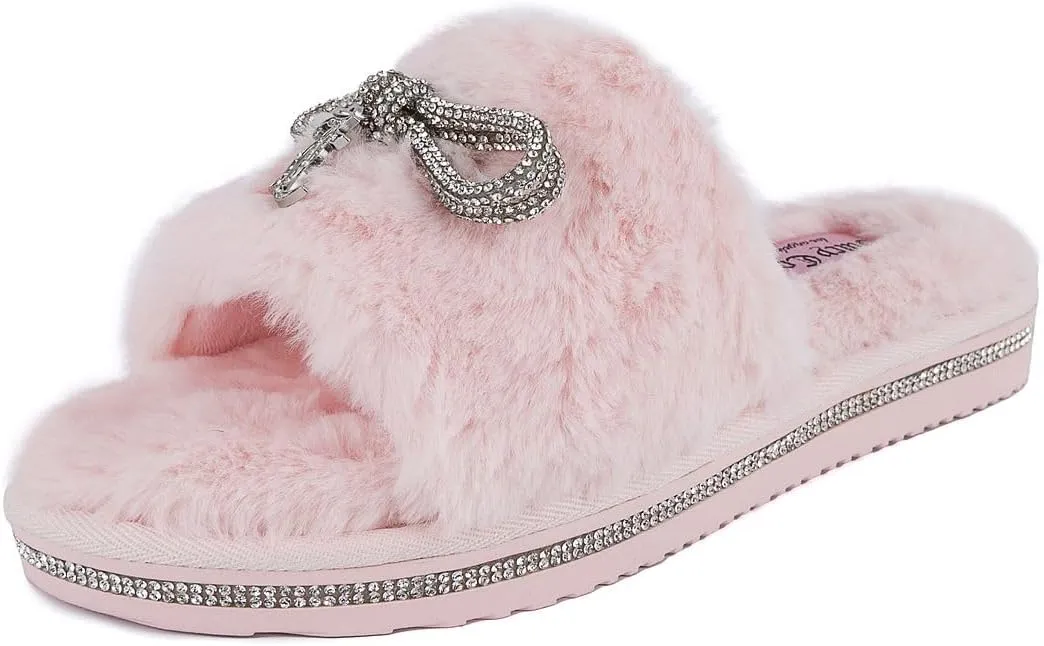 Juicy Couture Women's Faux Fur Slide Sandal Slippers, Open Toe, Comfortable Indoor Outdoor House Shoes
