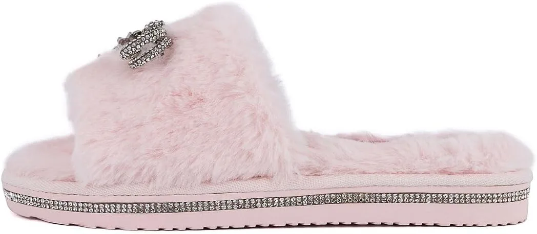 Juicy Couture Women's Faux Fur Slide Sandal Slippers, Open Toe, Comfortable Indoor Outdoor House Shoes