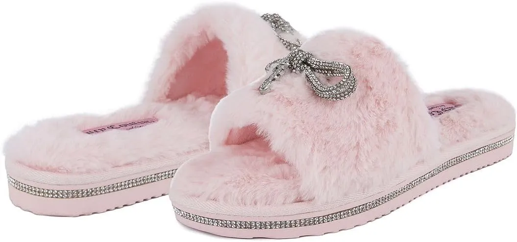 Juicy Couture Women's Faux Fur Slide Sandal Slippers, Open Toe, Comfortable Indoor Outdoor House Shoes