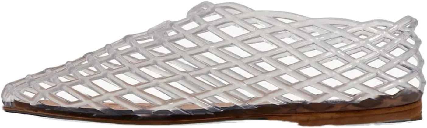 keleimusi Women's Woven Jelly Flats Slip-On Square Toe Mesh Ballet Flats Sole Lightweight Breathable Summer Slides Clear Hollow Jelly Sandals Beach Ballerina Shoes