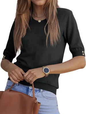 Kistore Womens Short Sleeve Sweaters Crewneck Sweater Shirts Business Casual Tops Outfits with Decor Buttons