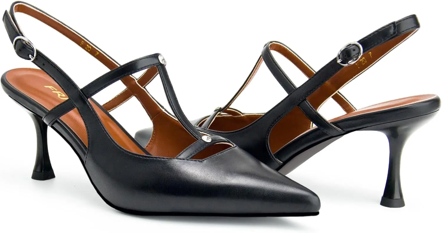 Kitten Heels for Women Slingback Shoes Closed Pointed Toe Stiletto Pumps Slip on T Strap High Heels for Dressy Party Office Heeled Sandals