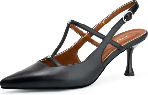 Kitten Heels for Women Slingback Shoes Closed Pointed Toe Stiletto Pumps Slip on T Strap High Heels for Dressy Party Office Heeled Sandals
