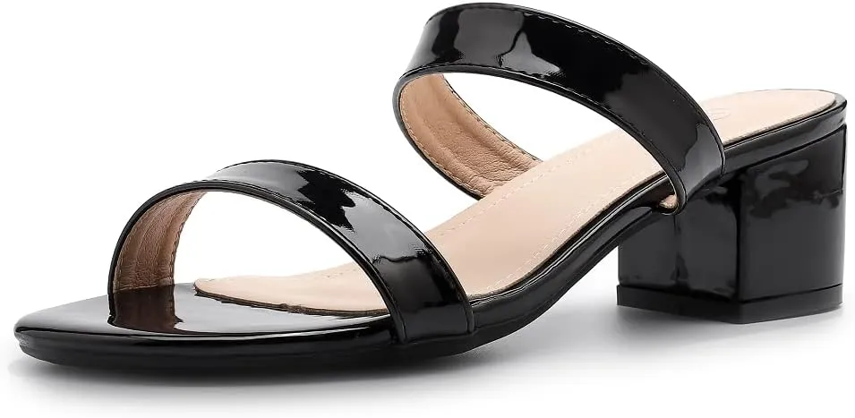 kkdom Round Toe Chunky Heels Sandals-Clear Nude Black Short Heels Two Strap Leather Mule Sandals Slip On Block Heels for Party Dating Daily Work
