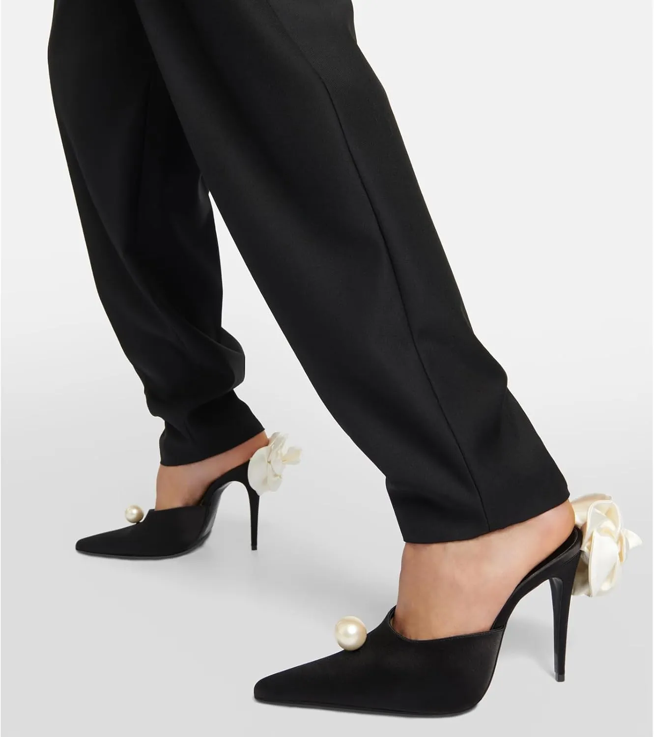 Kluolandi Women's Flower Satin Heeled Mules with Pearl Stiletto High Heels Pointed Toe Slip On Mule White Wedding Heels for Women