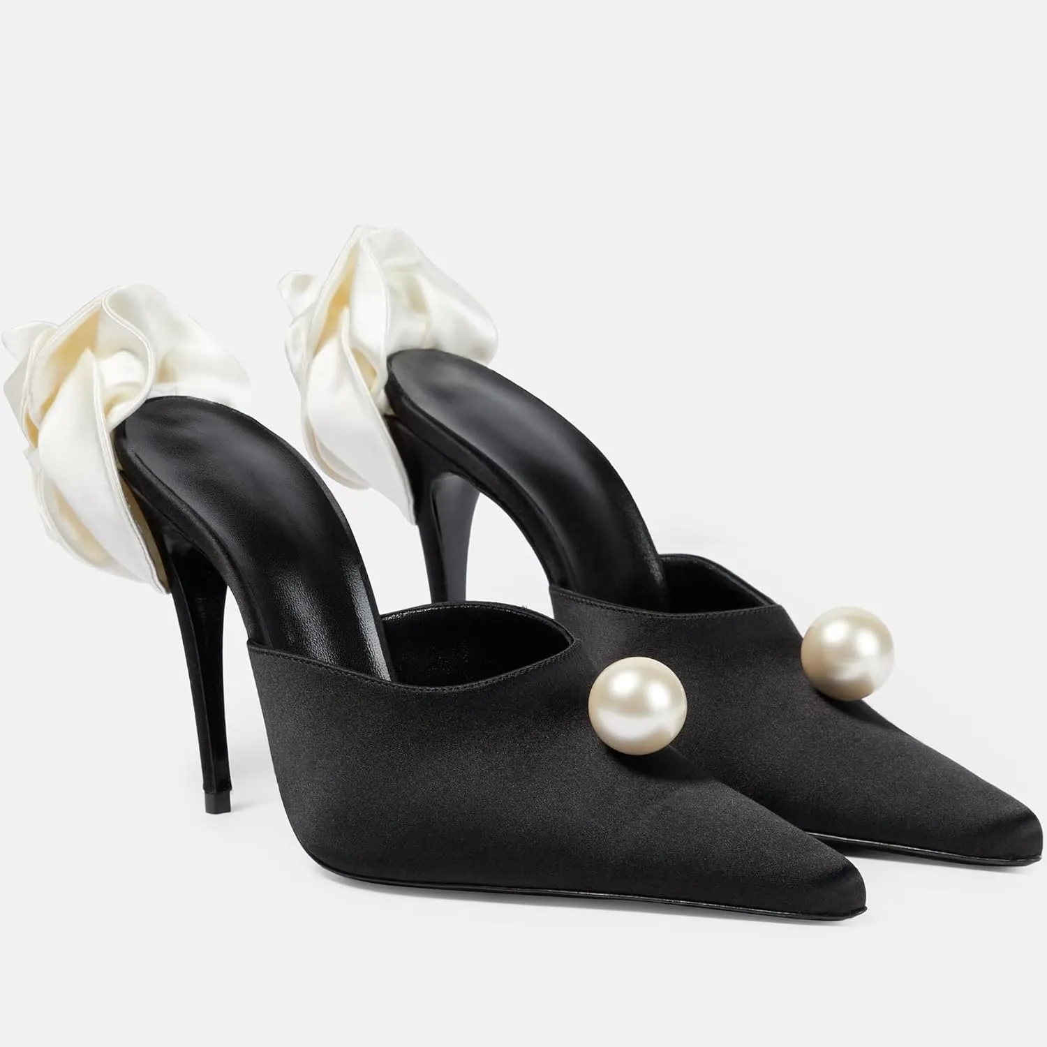 Kluolandi Women's Flower Satin Heeled Mules with Pearl Stiletto High Heels Pointed Toe Slip On Mule White Wedding Heels for Women