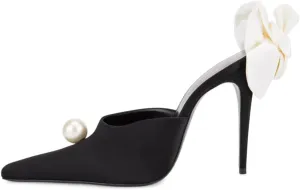 Kluolandi Women's Flower Satin Heeled Mules with Pearl Stiletto High Heels Pointed Toe Slip On Mule White Wedding Heels for Women