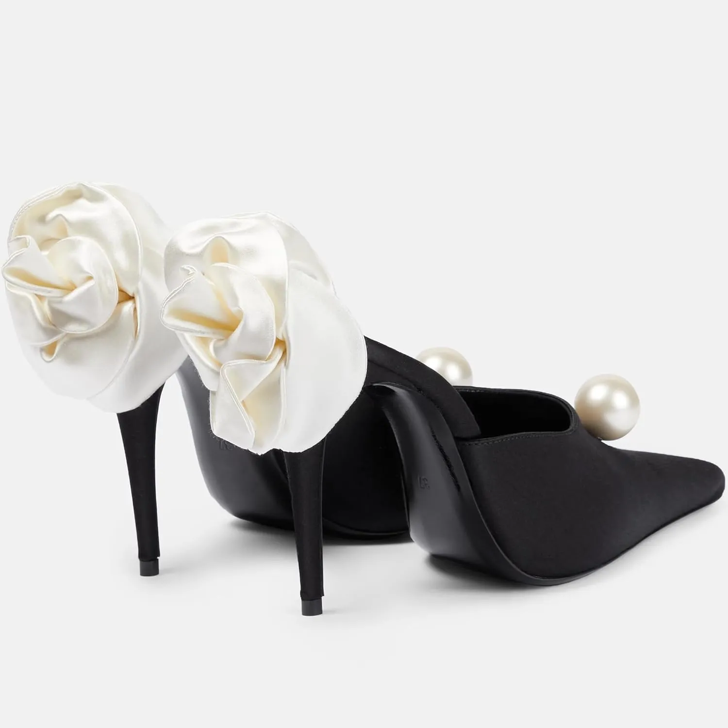 Kluolandi Women's Flower Satin Heeled Mules with Pearl Stiletto High Heels Pointed Toe Slip On Mule White Wedding Heels for Women