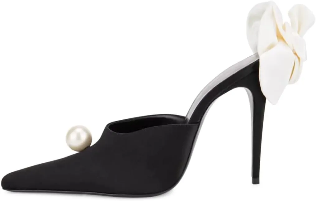 Kluolandi Women's Flower Satin Heeled Mules with Pearl Stiletto High Heels Pointed Toe Slip On Mule White Wedding Heels for Women