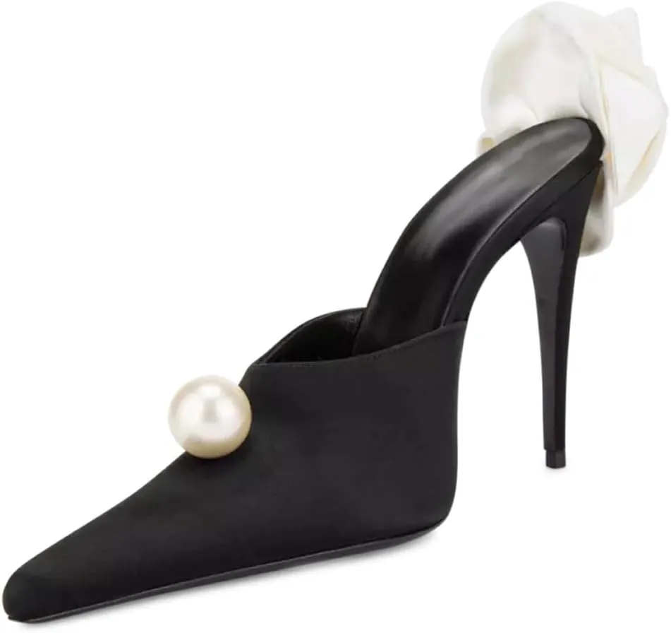 Kluolandi Women's Flower Satin Heeled Mules with Pearl Stiletto High Heels Pointed Toe Slip On Mule White Wedding Heels for Women