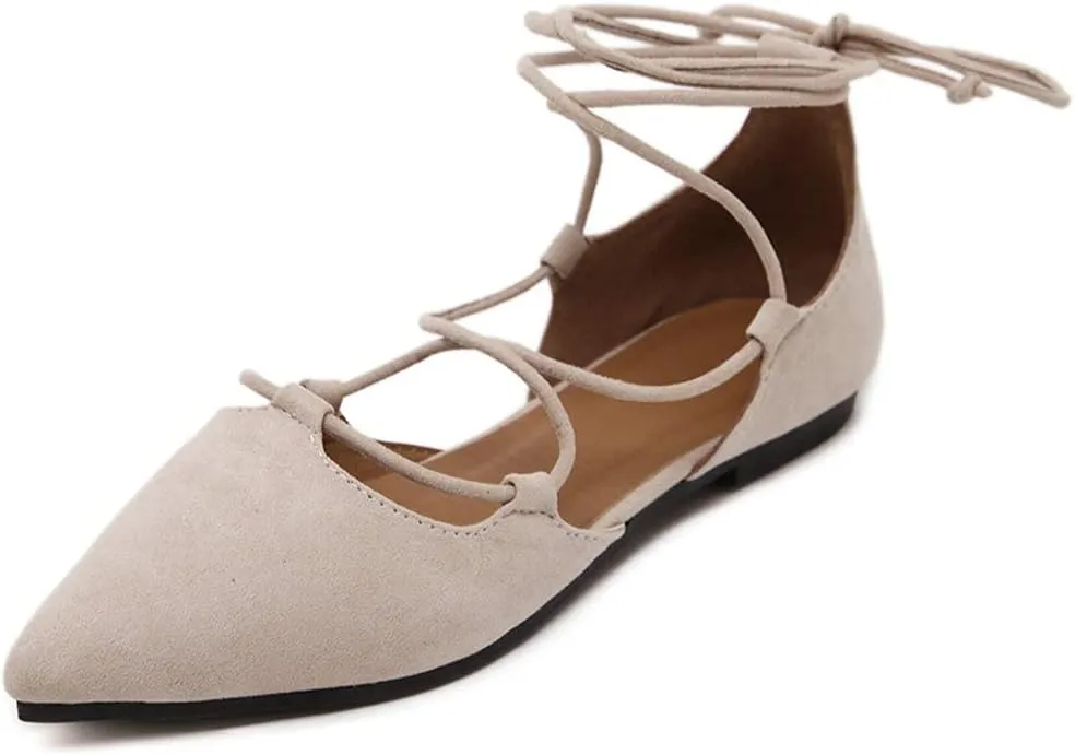KOKOMOMO Womens Faux Suede Lace Up Ballet Flats Pointed Toe Ballerina Shoes