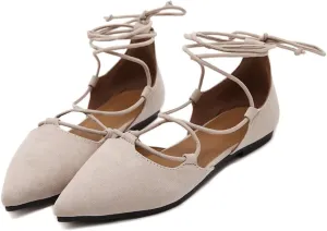 KOKOMOMO Womens Faux Suede Lace Up Ballet Flats Pointed Toe Ballerina Shoes