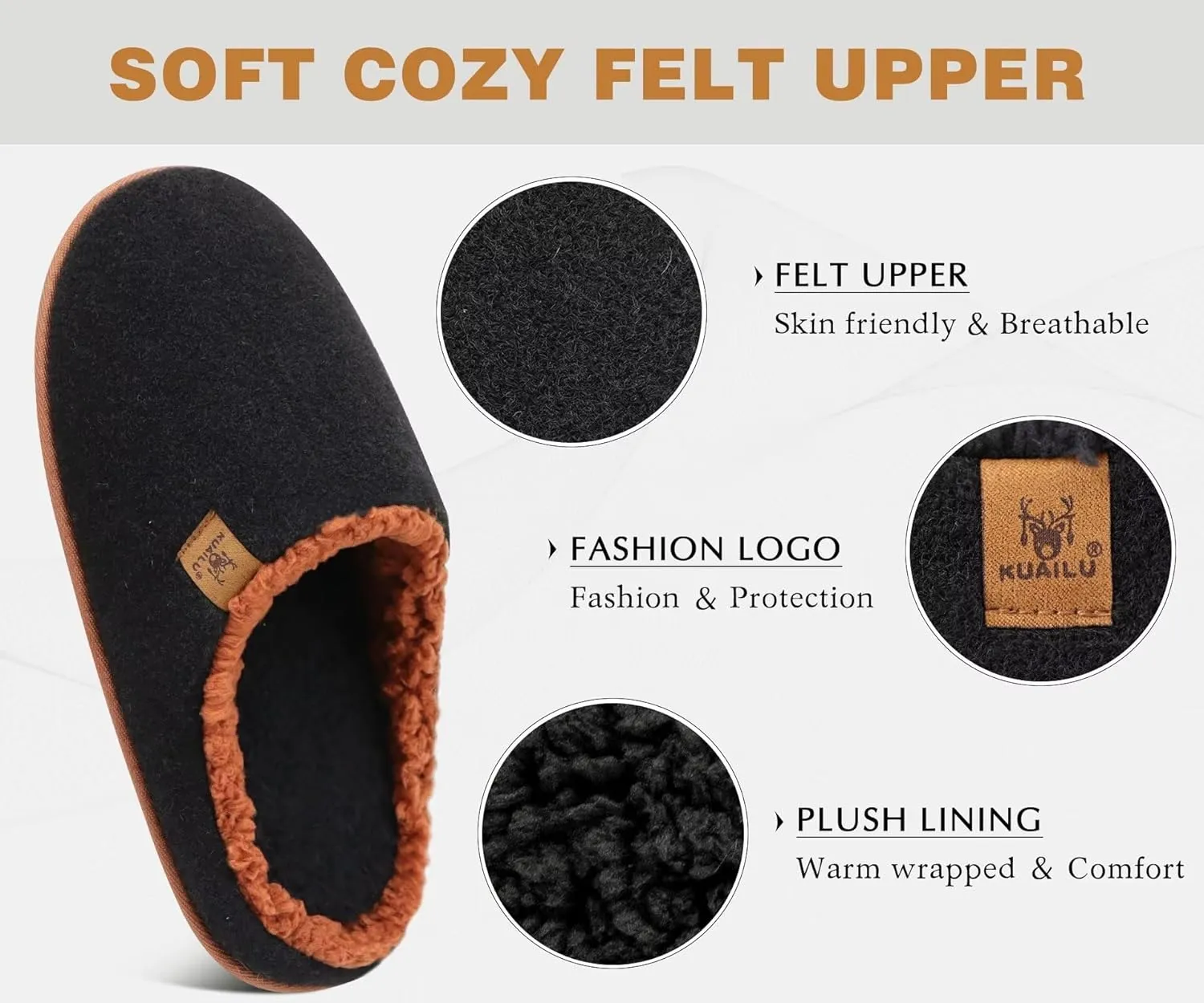 KuaiLu Mens House Memory Foam Slippers with Comfy Warm Plush Lining Felt Slip On Casual Pantuflas Mans Comfortable Bedroom Shoes Rubber Sole for Indoor&Outdoor (Mens Size 7-15)