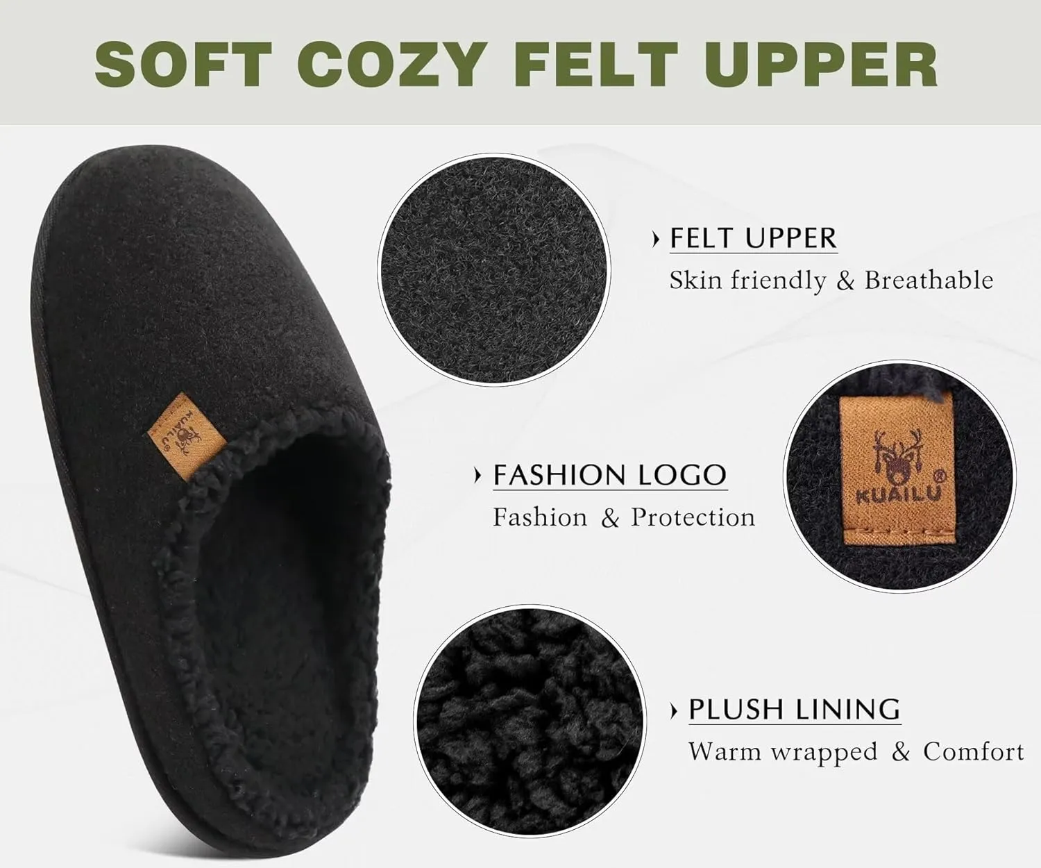 KuaiLu Mens House Memory Foam Slippers with Comfy Warm Plush Lining Felt Slip On Casual Pantuflas Mans Comfortable Bedroom Shoes Rubber Sole for Indoor&Outdoor (Mens Size 7-15)