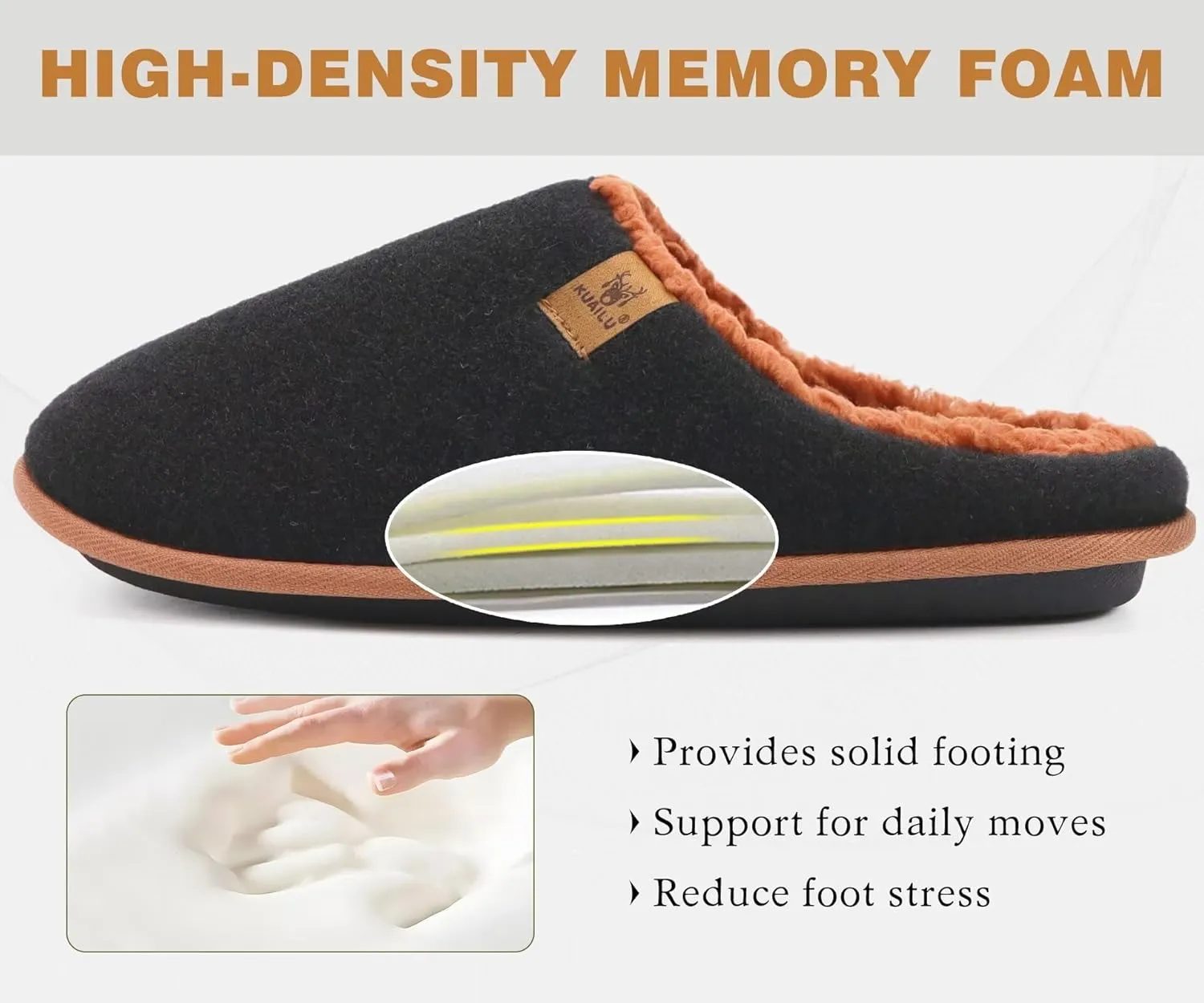 KuaiLu Mens House Memory Foam Slippers with Comfy Warm Plush Lining Felt Slip On Casual Pantuflas Mans Comfortable Bedroom Shoes Rubber Sole for Indoor&Outdoor (Mens Size 7-15)