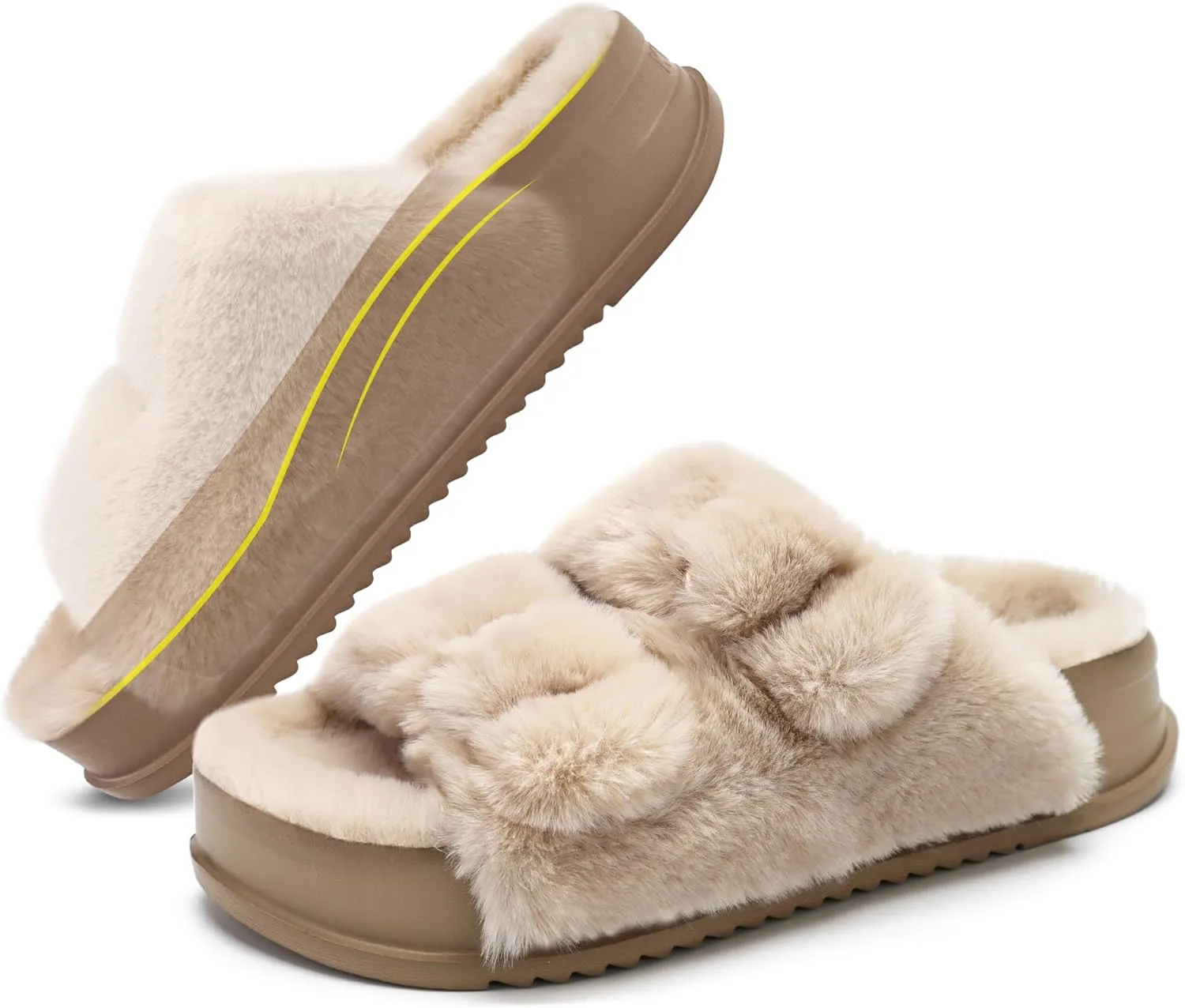 KuaiLu Women's Fluff Slippers Plantar Fasciitis Arch Support Platform Slippers Ladies Fashion Open Toe Faux Fur Sliders Womens House Slipper Size 6-12