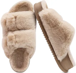 KuaiLu Women's Fluff Slippers Plantar Fasciitis Arch Support Platform Slippers Ladies Fashion Open Toe Faux Fur Sliders Womens House Slipper Size 6-12