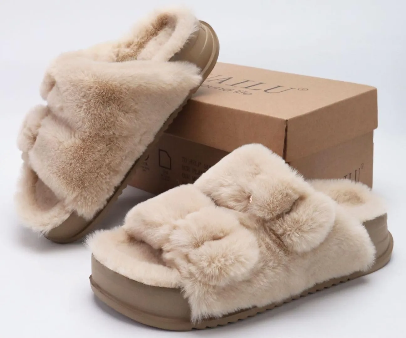 KuaiLu Women's Fluff Slippers Plantar Fasciitis Arch Support Platform Slippers Ladies Fashion Open Toe Faux Fur Sliders Womens House Slipper Size 6-12
