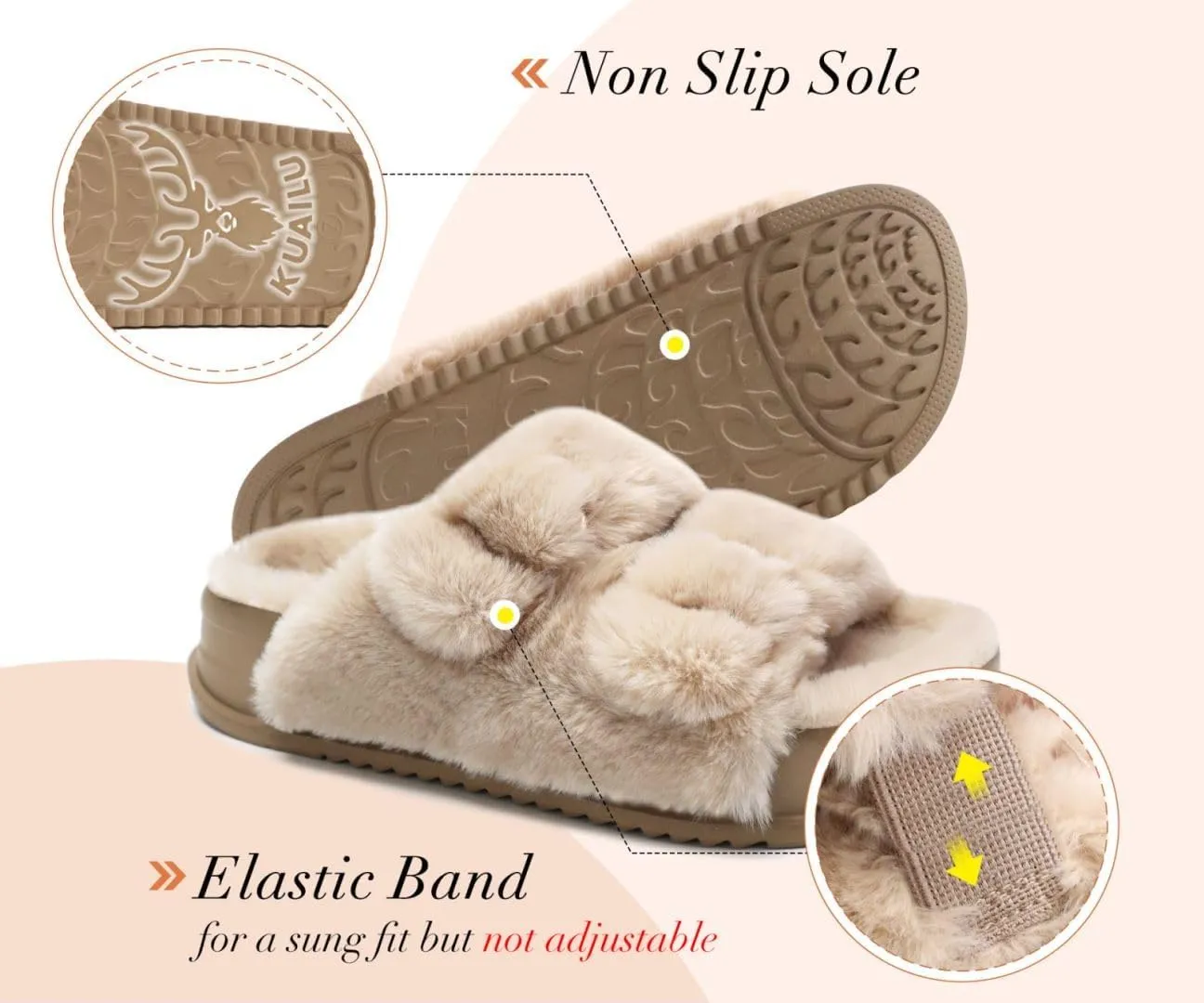 KuaiLu Women's Fluff Slippers Plantar Fasciitis Arch Support Platform Slippers Ladies Fashion Open Toe Faux Fur Sliders Womens House Slipper Size 6-12