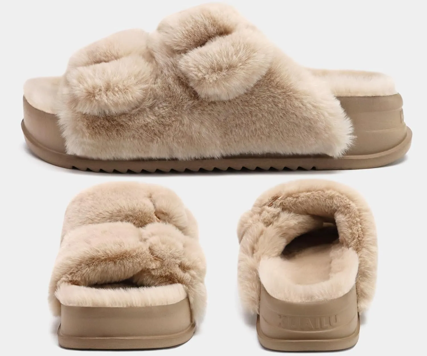 KuaiLu Women's Fluff Slippers Plantar Fasciitis Arch Support Platform Slippers Ladies Fashion Open Toe Faux Fur Sliders Womens House Slipper Size 6-12