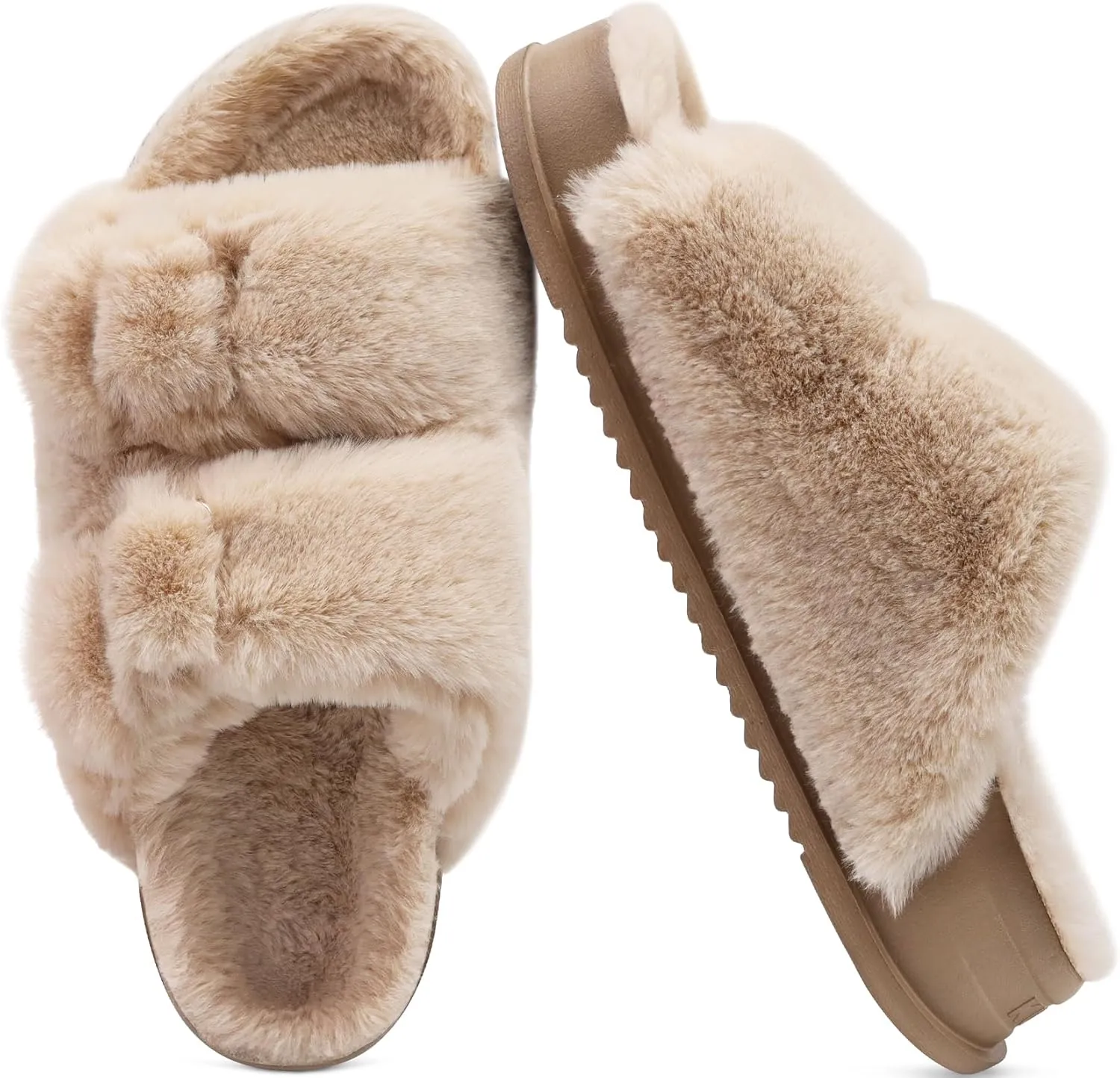 KuaiLu Women's Fluff Slippers Plantar Fasciitis Arch Support Platform Slippers Ladies Fashion Open Toe Faux Fur Sliders Womens House Slipper Size 6-12