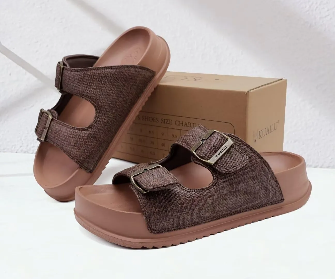 KuaiLu Womens Sandals with Arch Support Comfortable Orthopedic Cushion Recovery Slides Summer Fashion Leather Double Buckle Casual Slip On Plantar Fasciitis Shoes for Indoor&Outdoor (US Size 6-12)
