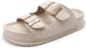 KuaiLu Womens Sandals with Arch Support Comfortable Orthopedic Cushion Recovery Slides Summer Fashion Leather Double Buckle Casual Slip On Plantar Fasciitis Shoes for Indoor&Outdoor (US Size 6-12)