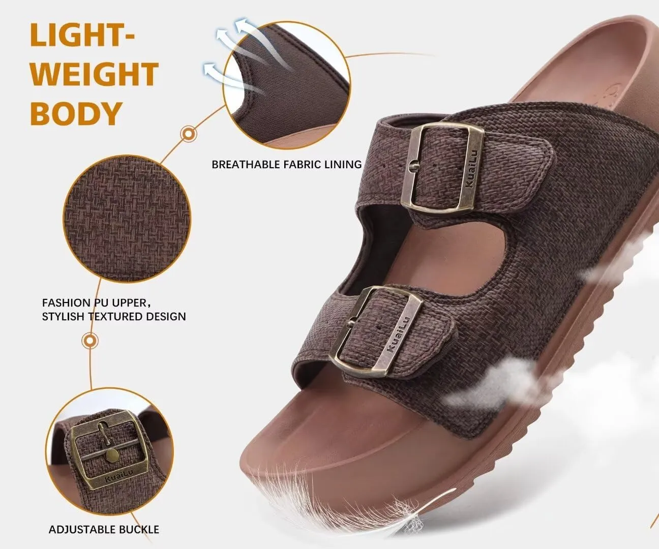 KuaiLu Womens Sandals with Arch Support Comfortable Orthopedic Cushion Recovery Slides Summer Fashion Leather Double Buckle Casual Slip On Plantar Fasciitis Shoes for Indoor&Outdoor (US Size 6-12)