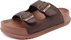 KuaiLu Womens Sandals with Arch Support Comfortable Orthopedic Cushion Recovery Slides Summer Fashion Leather Double Buckle Casual Slip On Plantar Fasciitis Shoes for Indoor&Outdoor (US Size 6-12)