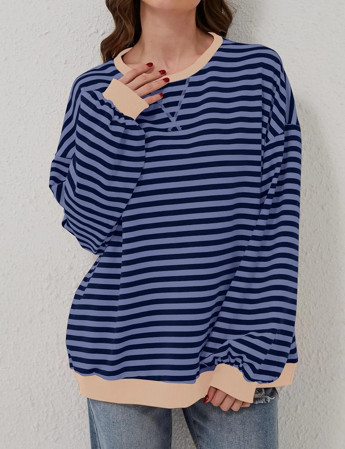 Labolliy Women Striped Oversized Sweatshirt Color Block Crew Neck Long Sleeve Shirt Casual Pullover Top Fall Y2K Clothes
