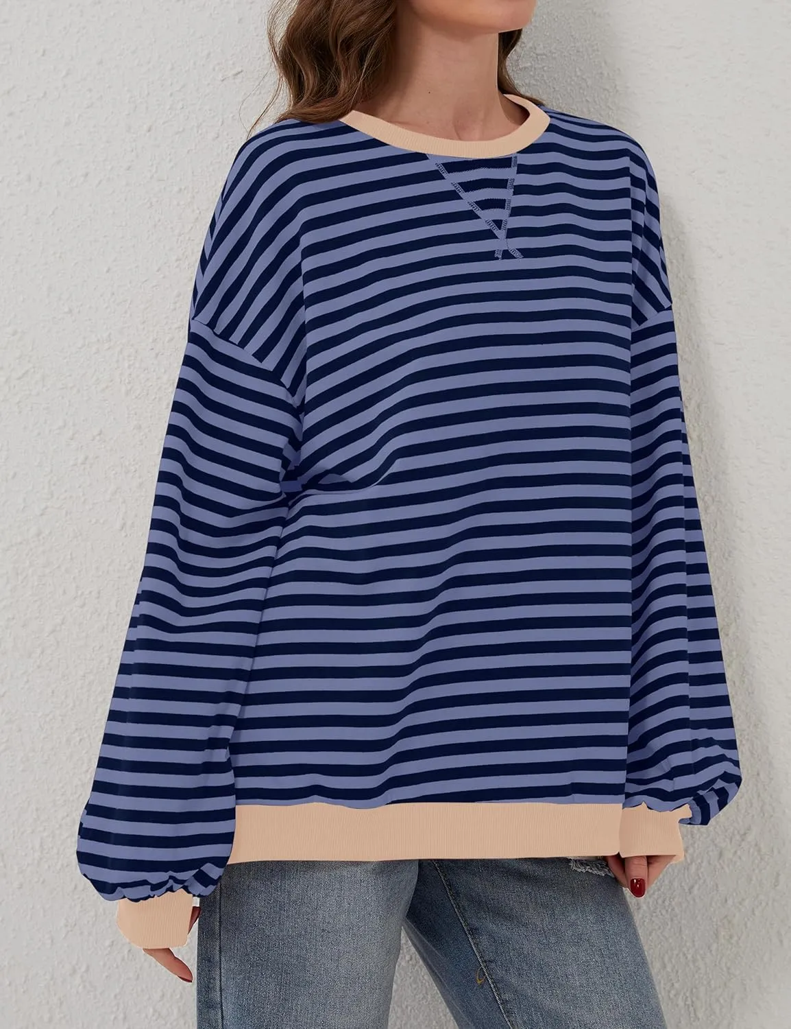 Labolliy Women Striped Oversized Sweatshirt Color Block Crew Neck Long Sleeve Shirt Casual Pullover Top Fall Y2K Clothes