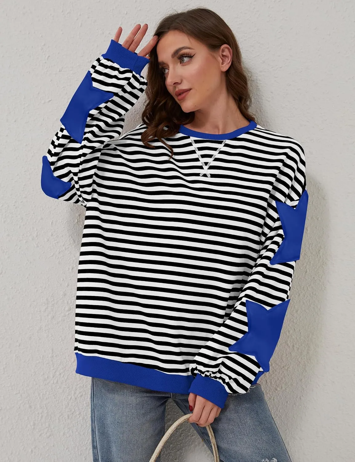 Labolliy Women Striped Oversized Sweatshirt Color Block Crew Neck Long Sleeve Shirt Casual Pullover Top Fall Y2K Clothes