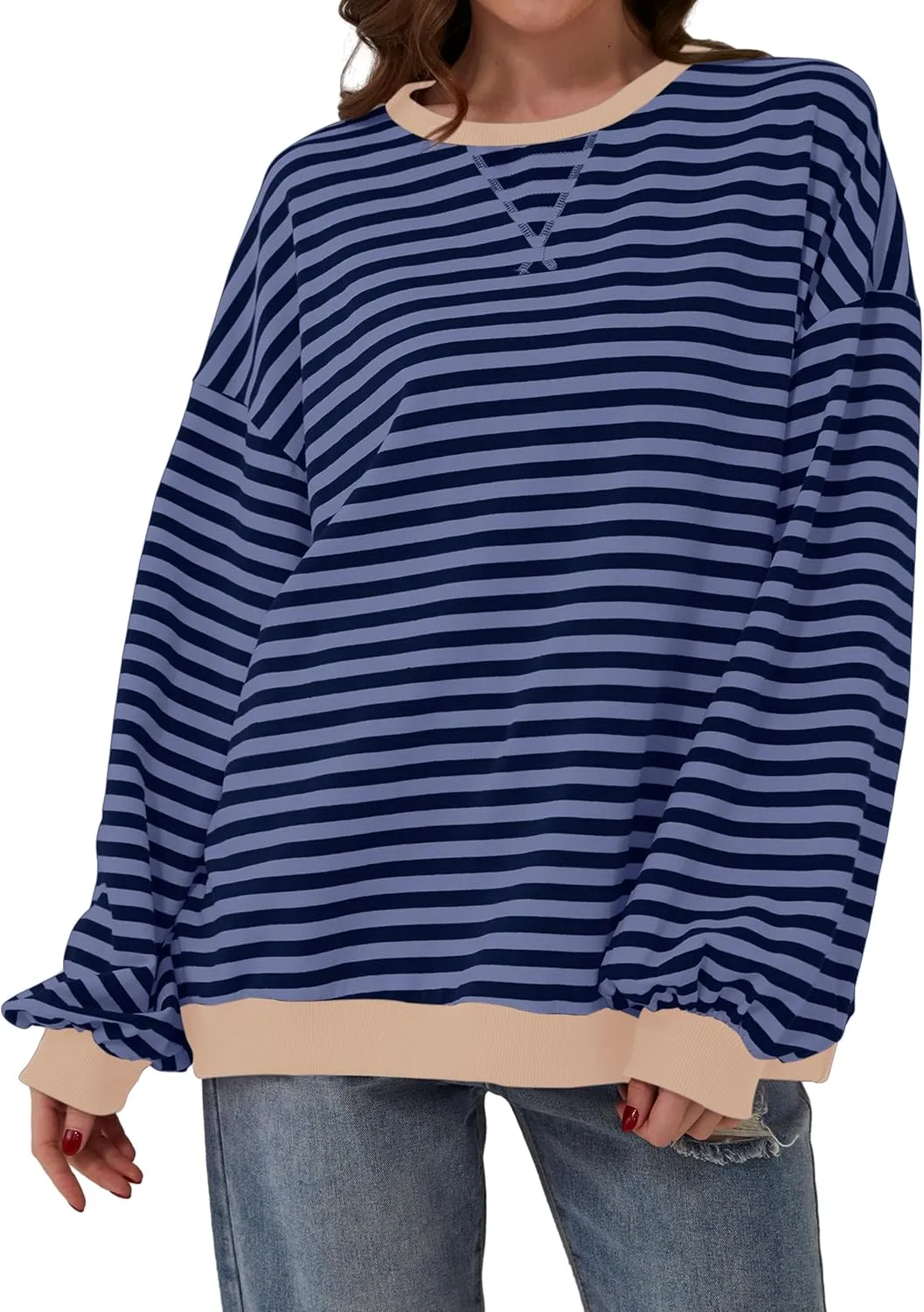 Labolliy Women Striped Oversized Sweatshirt Color Block Crew Neck Long Sleeve Shirt Casual Pullover Top Fall Y2K Clothes