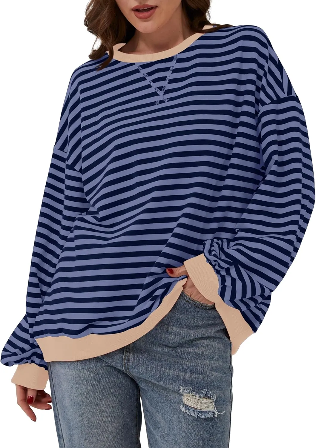 Labolliy Women Striped Oversized Sweatshirt Color Block Crew Neck Long Sleeve Shirt Casual Pullover Top Fall Y2K Clothes
