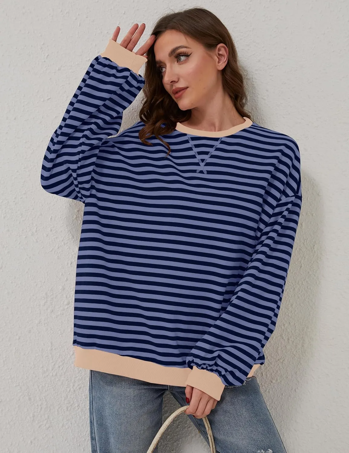 Labolliy Women Striped Oversized Sweatshirt Color Block Crew Neck Long Sleeve Shirt Casual Pullover Top Fall Y2K Clothes