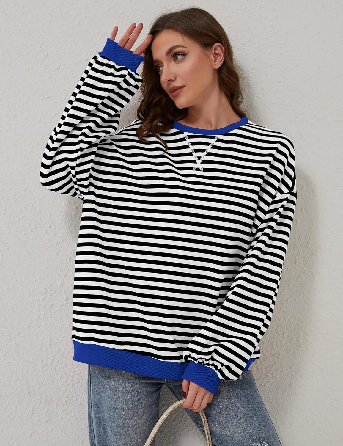Labolliy Women Striped Oversized Sweatshirt Color Block Crew Neck Long Sleeve Shirt Casual Pullover Top Fall Y2K Clothes