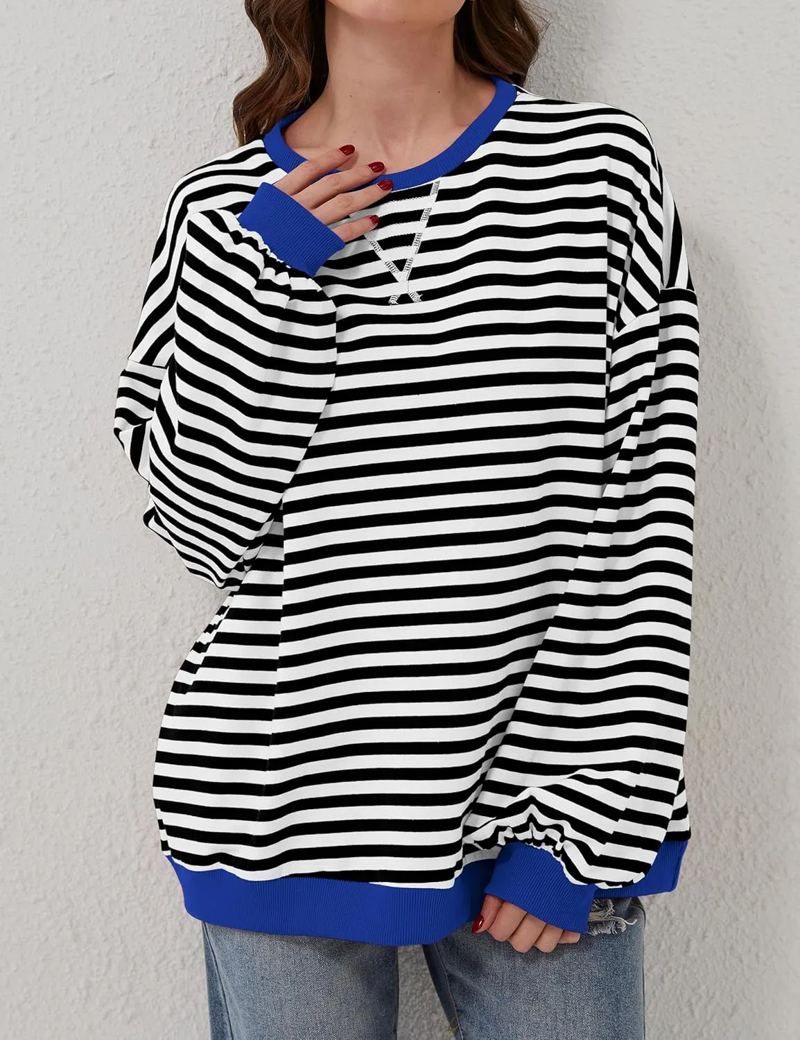 Labolliy Women Striped Oversized Sweatshirt Color Block Crew Neck Long Sleeve Shirt Casual Pullover Top Fall Y2K Clothes