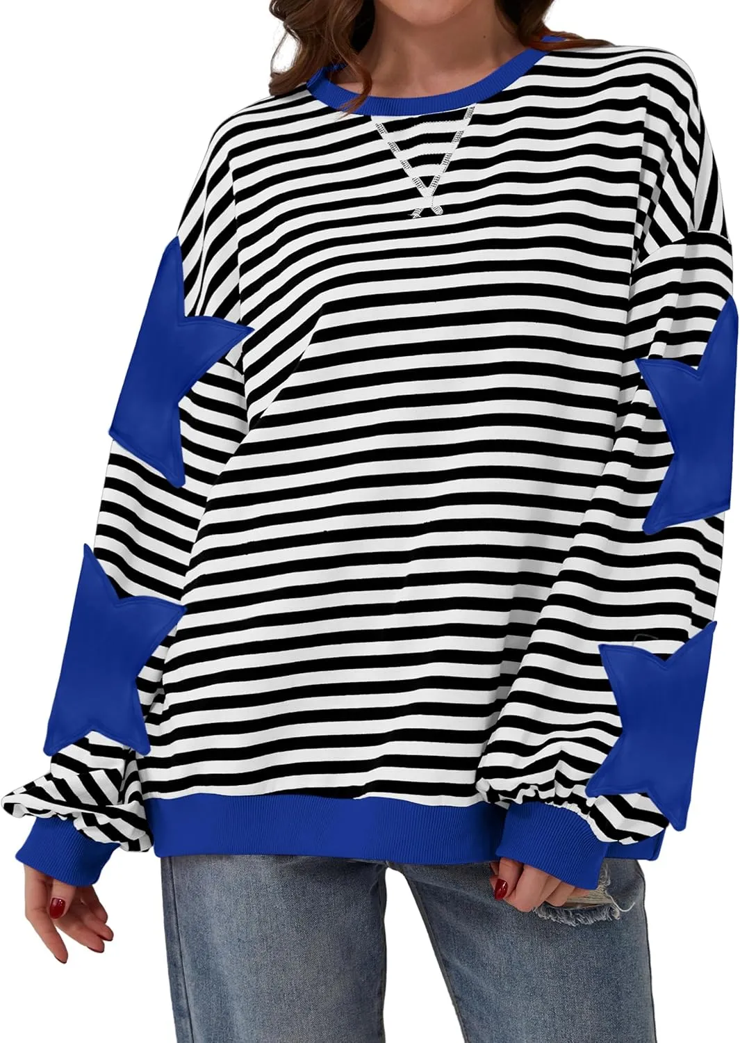 Labolliy Women Striped Oversized Sweatshirt Color Block Crew Neck Long Sleeve Shirt Casual Pullover Top Fall Y2K Clothes