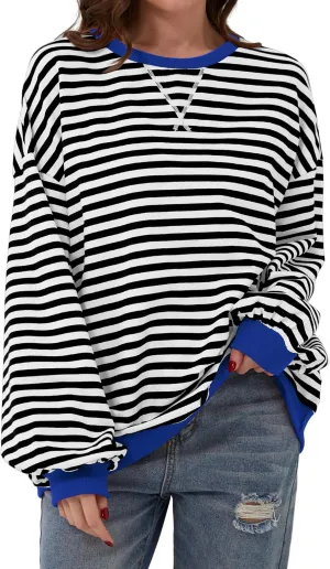 Labolliy Women Striped Oversized Sweatshirt Color Block Crew Neck Long Sleeve Shirt Casual Pullover Top Fall Y2K Clothes