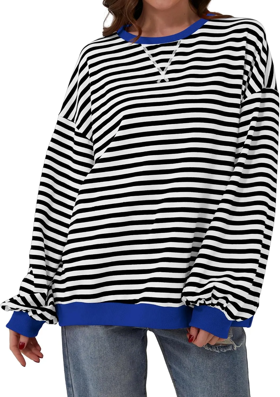 Labolliy Women Striped Oversized Sweatshirt Color Block Crew Neck Long Sleeve Shirt Casual Pullover Top Fall Y2K Clothes