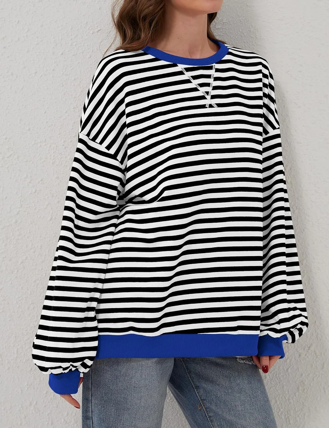 Labolliy Women Striped Oversized Sweatshirt Color Block Crew Neck Long Sleeve Shirt Casual Pullover Top Fall Y2K Clothes